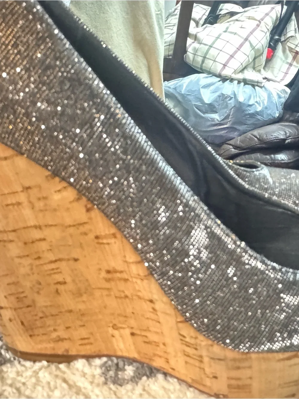 Stuart Weitzman Black Glitter Slip-On Heel